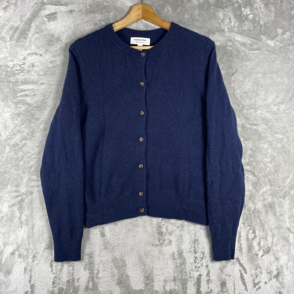 Nordstrom Cardigan Women XL Blue 100% Cashmere Button Front Long Sleeve Sweater